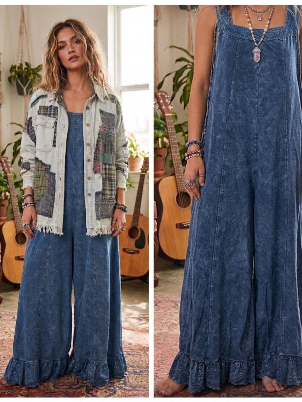 Washed Indigo Eyelit Hem Wide-Leg Jumpsuit - Blue - Picture 1 of 10